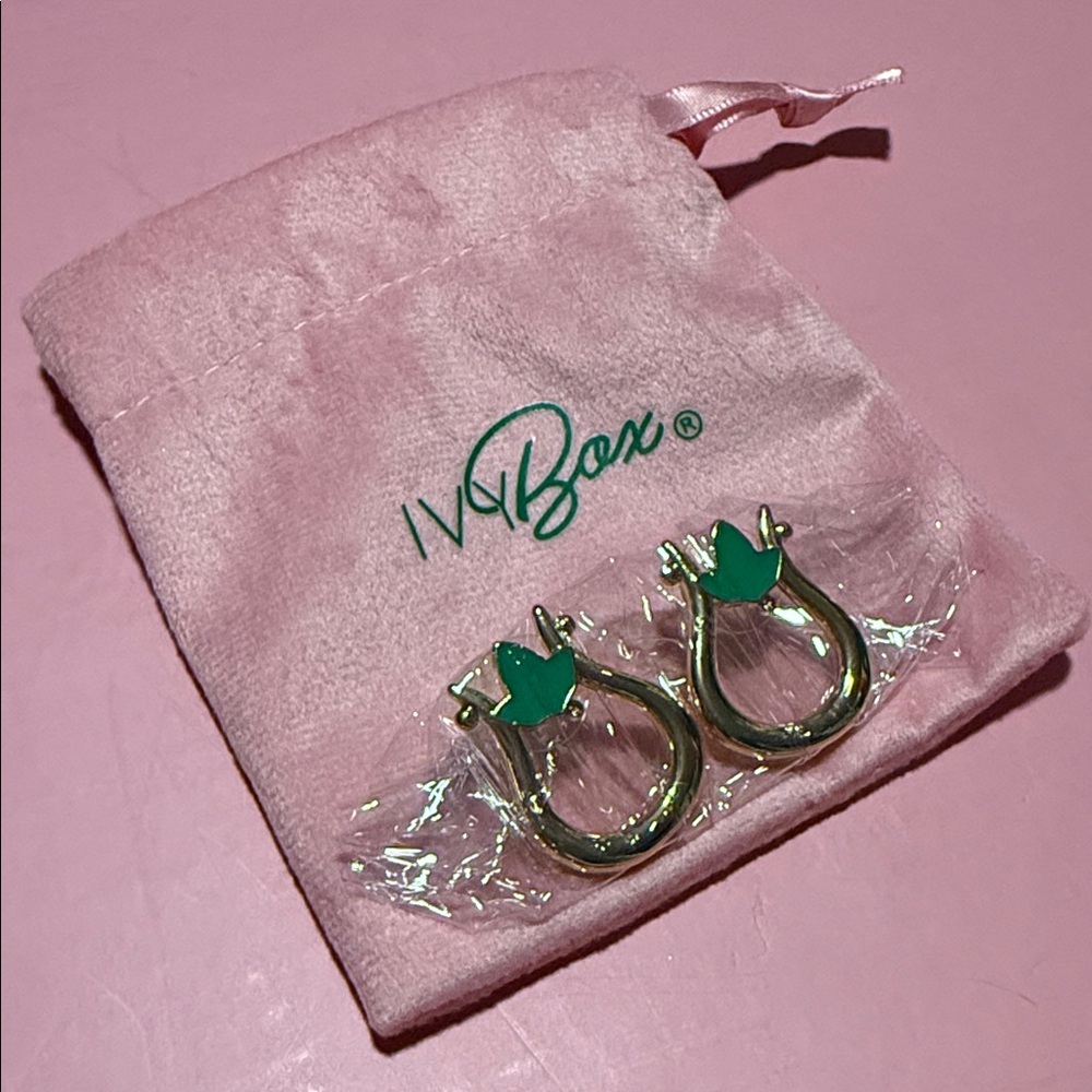 Gold Hoop Earrings with Green Ivy Accent